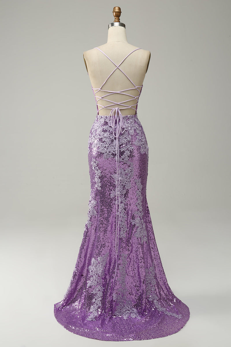 Load image into Gallery viewer, Mermaid Spaghetti Straps Purple Long Prom Dress with Appliques