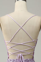 Load image into Gallery viewer, Mermaid Spaghetti Straps Purple Long Prom Dress with Appliques
