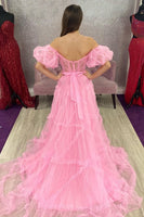 Load image into Gallery viewer, Fuchsia A Line Off the Shoulder Tulle Corset Prom Dress with Bowknot
