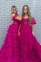 Load image into Gallery viewer, Fuchsia A Line Off the Shoulder Tulle Corset Prom Dress with Bowknot