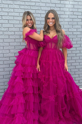Fuchsia A Line Off the Shoulder Tulle Corset Prom Dress with Bowknot