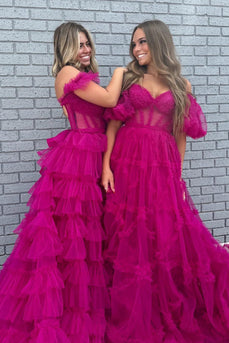 Fuchsia A Line Off the Shoulder Tulle Corset Prom Dress with Bowknot