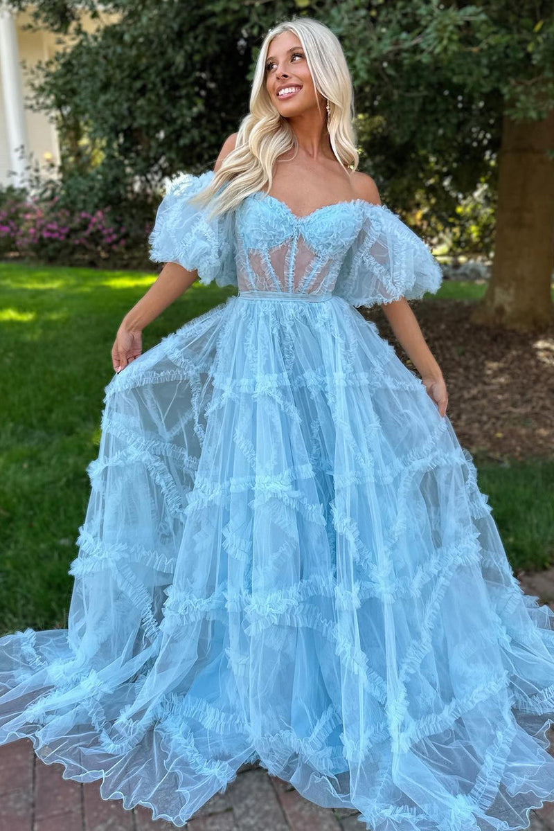 Load image into Gallery viewer, A Line Off the Shoulder Light Blue Tulle Corset Prom Dress with Bowknot