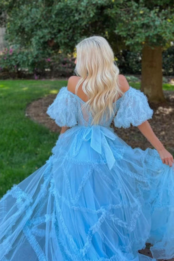 A Line Off the Shoulder Light Blue Tulle Corset Prom Dress with Bowknot