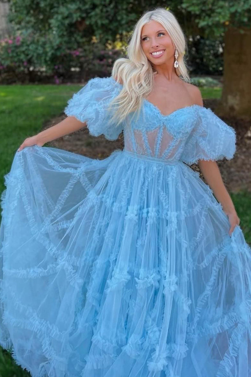 Load image into Gallery viewer, A Line Off the Shoulder Light Blue Tulle Corset Prom Dress with Bowknot