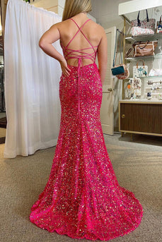 Hot Pink Spaghetti Straps Mermaid Sequined Prom Dress With Slit