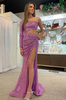 Load image into Gallery viewer, Purple One Shoulder Cut Out Mermaid Prom Dress