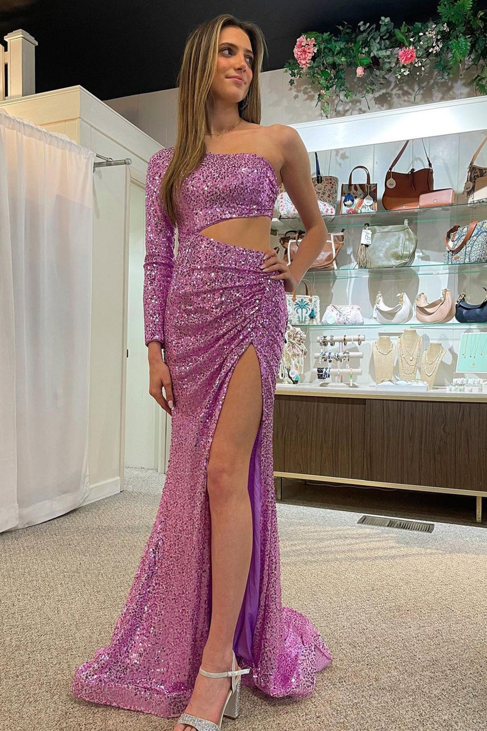 Purple One Shoulder Cut Out Mermaid Prom Dress