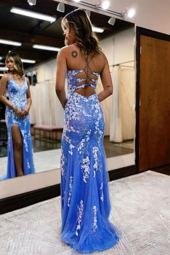 Glitter Blue Mermaid Lace Long Prom Dress with Slit