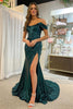 Load image into Gallery viewer, Dark Green Off Shoulder Mermaid Prom Dress with Slit