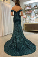 Load image into Gallery viewer, Dark Green Off Shoulder Mermaid Prom Dress with Slit