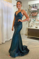 Load image into Gallery viewer, Sparkly Dark Green Mermaid Sequins Long Prom Dress with Lace-Up Back