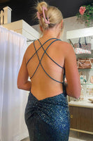 Load image into Gallery viewer, Sparkly Dark Green Mermaid Sequins Long Prom Dress with Lace-Up Back