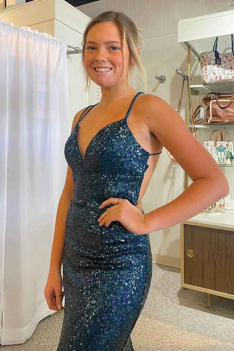 Load image into Gallery viewer, Sparkly Dark Green Mermaid Sequins Long Prom Dress with Lace-Up Back