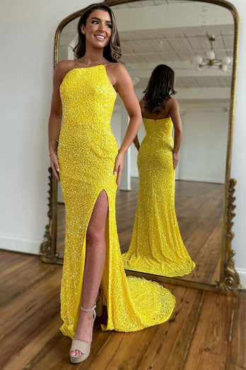 Sparkly Yellow Detachable Straps Mermaid Sequins Prom Dress with Slit