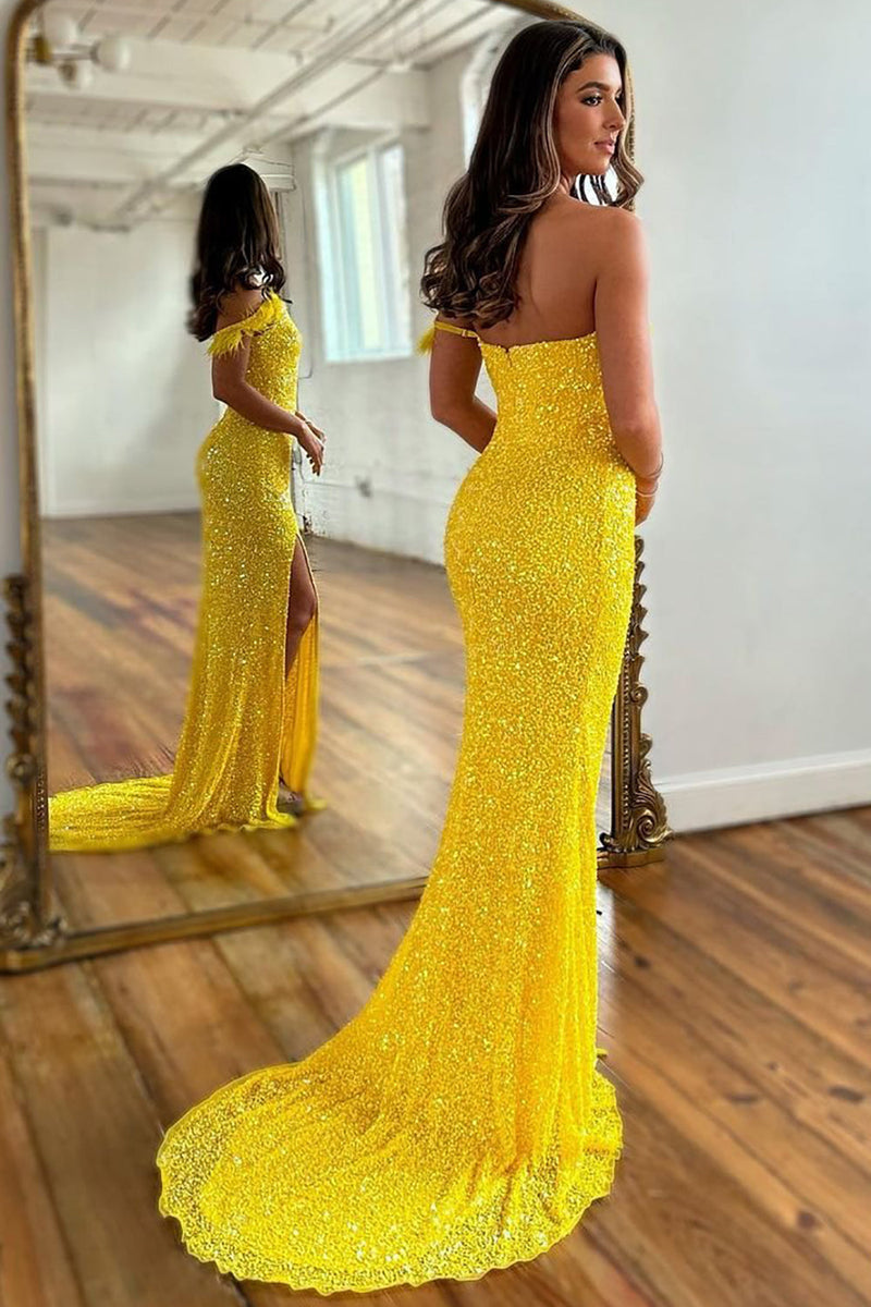 Load image into Gallery viewer, Sparkly Yellow Detachable Straps Mermaid Sequins Prom Dress with Slit
