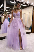 Load image into Gallery viewer, A Line Spaghetti Straps Lilac Long Prom Dress with Appliques