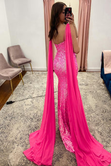 V-Neck Mermaid Sparkly Hot Pink Sequins Long Prom Dress with Slit