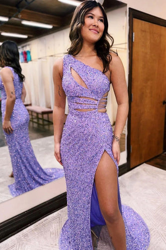 Mermaid One Shoulder Lilac Sequins Cut Out Prom Dress with Split Front