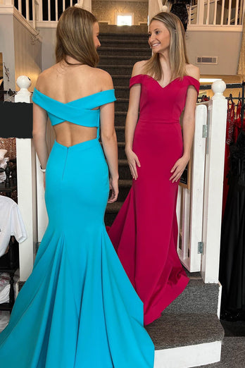 Simple Blue Mermaid Off the Shoulder Open Back Long Prom Dress