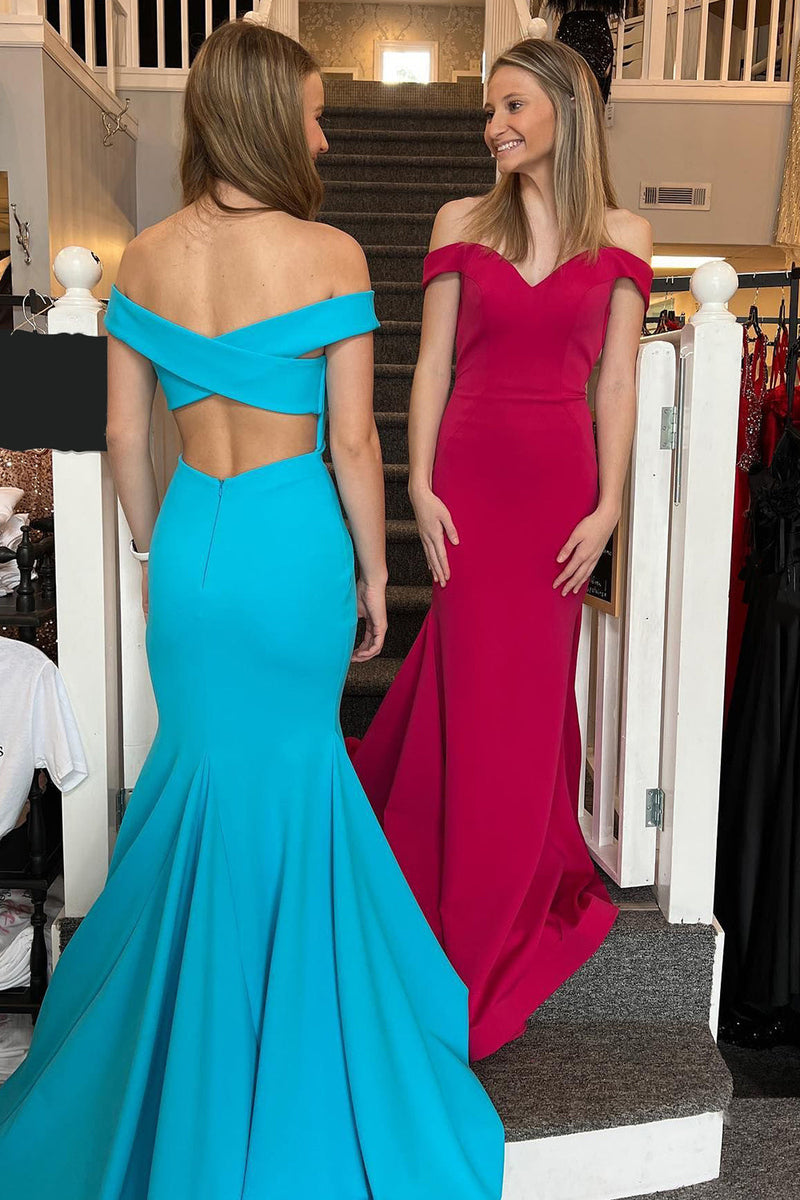 Load image into Gallery viewer, Simple Blue Mermaid Off the Shoulder Open Back Long Prom Dress