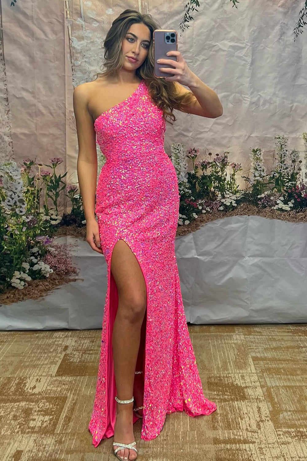 Sparkly Hot Pink Mermaid Sequins One Shoulder Long Prom Dress with Slit