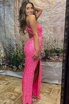 Sparkly Hot Pink Mermaid Sequins One Shoulder Long Prom Dress with Slit