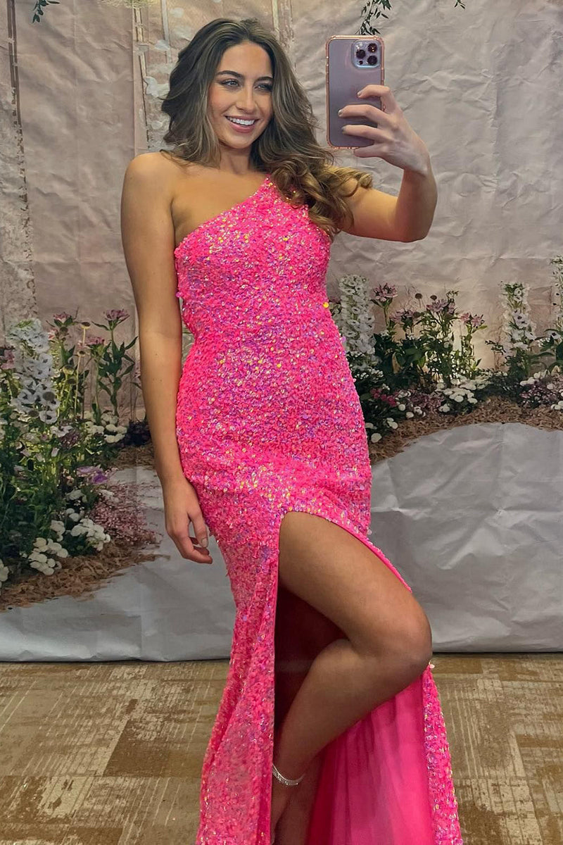Load image into Gallery viewer, Sparkly Hot Pink Mermaid Sequins One Shoulder Long Prom Dress with Slit