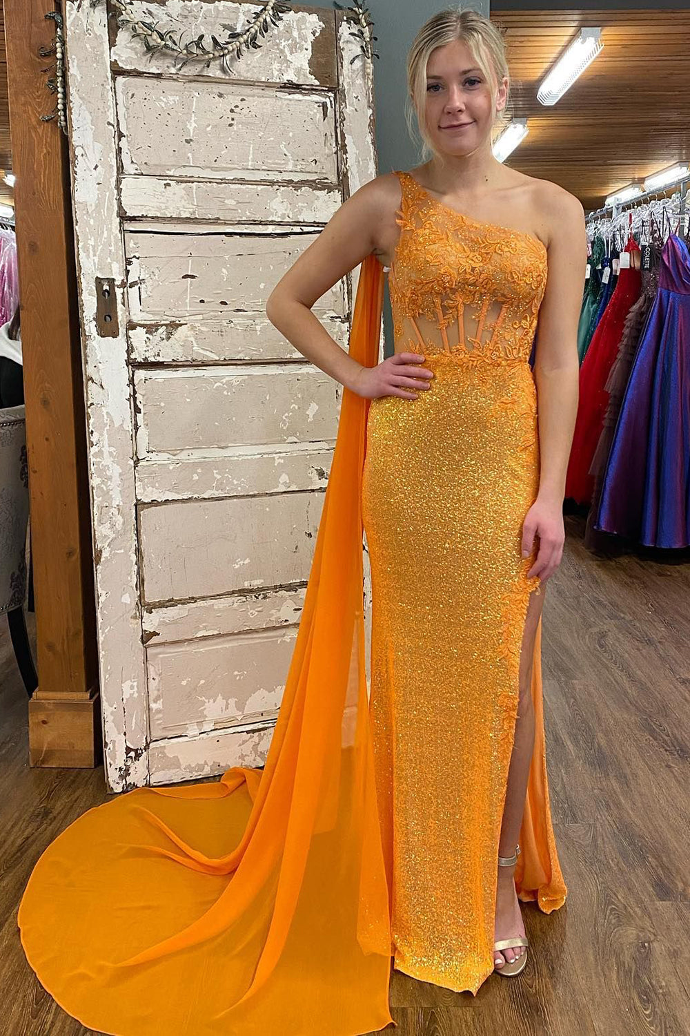 Sparkly Orange Corset One Shoulder Long Prom Dress with Deatchable Train