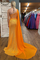 Load image into Gallery viewer, Sparkly Orange Corset One Shoulder Long Prom Dress with Deatchable Train