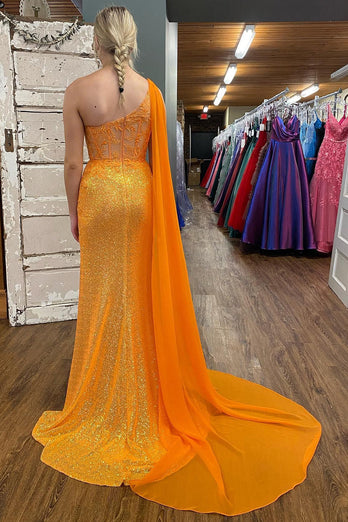 Sparkly Orange Corset One Shoulder Long Prom Dress with Deatchable Train