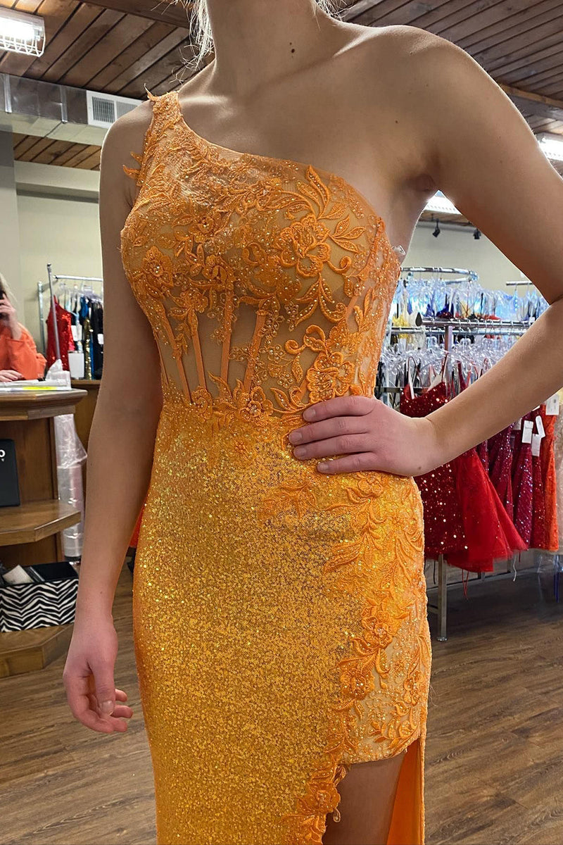Load image into Gallery viewer, Sparkly Orange Corset One Shoulder Long Prom Dress with Deatchable Train