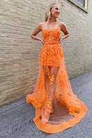 Load image into Gallery viewer, Orange Sheath Corset Long Prom Dress with Appliques
