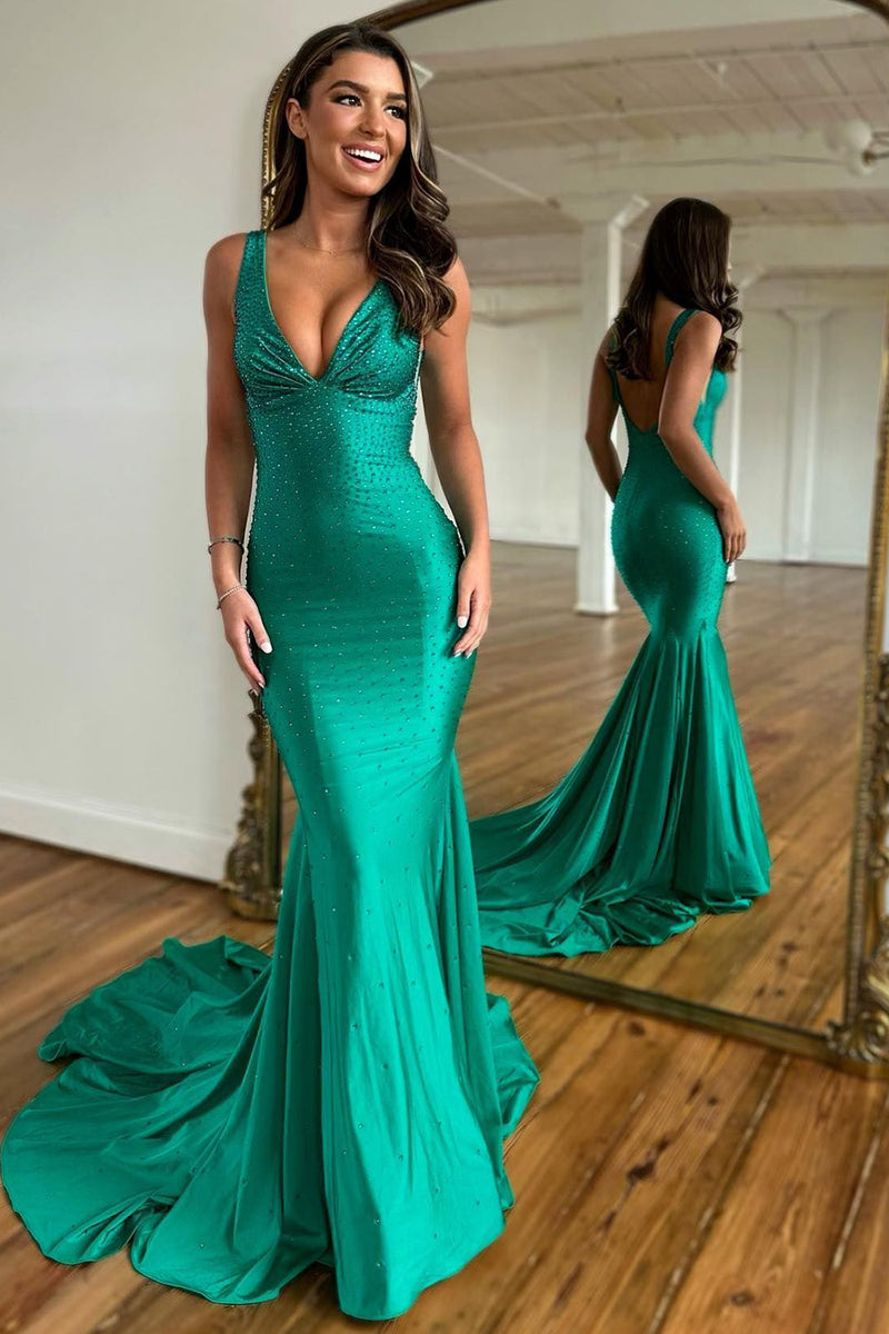 Load image into Gallery viewer, Sparkly Green Beaded Mermaid V-Neck Backless Long Prom Dress