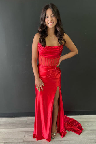 Red Sheath Corset Long Prom Dress with Slit