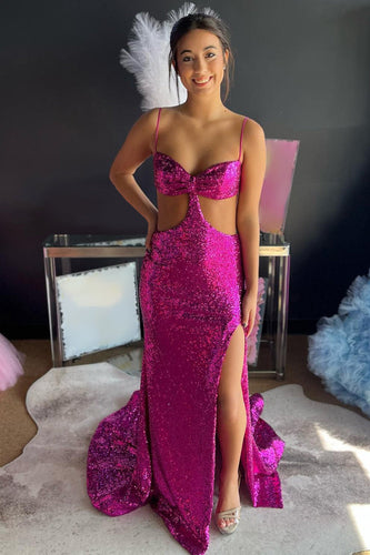 Sparkly Hot Pink Cut Out Sequins Sheath Long Prom Dress with Slit