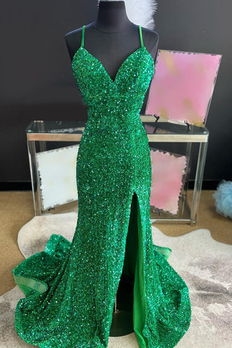 Sparkly Emerald Green Mermaid Long Sequins Prom Dress with Slit