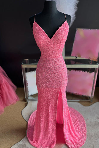 Sparkly Pink Mermaid Long Sequins Prom Dress with Slit