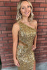 Load image into Gallery viewer, Sparkly Golden Sequins One Shoulder Long Prom Dress with Fringes