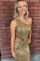 Load image into Gallery viewer, Sparkly Golden Sequins One Shoulder Long Prom Dress with Fringes