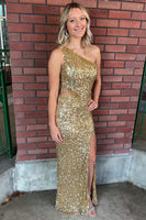 Load image into Gallery viewer, Sparkly Golden Sequins One Shoulder Long Prom Dress with Fringes