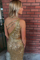 Load image into Gallery viewer, Sparkly Golden Sequins One Shoulder Long Prom Dress with Fringes
