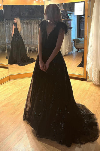 Sparkly A-Line Black Sequins Long Prom Dress with Slit