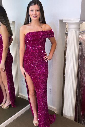 Fuchsia Sparkly One Shoulder Sheath Sequins Long Prom Dress with Slit