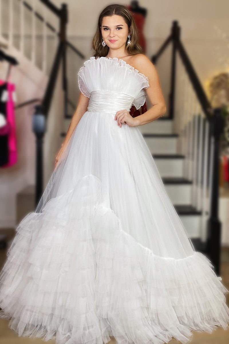 Load image into Gallery viewer, Tulle Strapless White Long Prom Dress