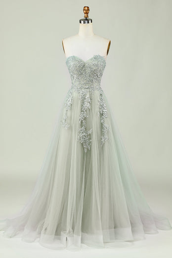 Sweetheart Beaded Light Green Long Prom Dress with Slit Front