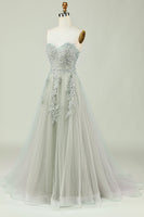 Load image into Gallery viewer, Sweetheart Beaded Light Green Long Prom Dress with Slit Front