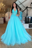 Load image into Gallery viewer, Tulle Deep V-Neck Sky Blue Long Prom Dress with Appliques