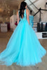 Load image into Gallery viewer, Tulle Deep V-Neck Sky Blue Long Prom Dress with Appliques