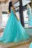 Load image into Gallery viewer, Tulle Deep V-Neck Sky Blue Long Prom Dress with Appliques